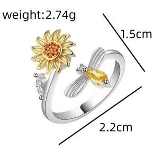 Silver Tone Honey Bee Sunflower Spinner Ring Boho Valentine's Birthday Gift